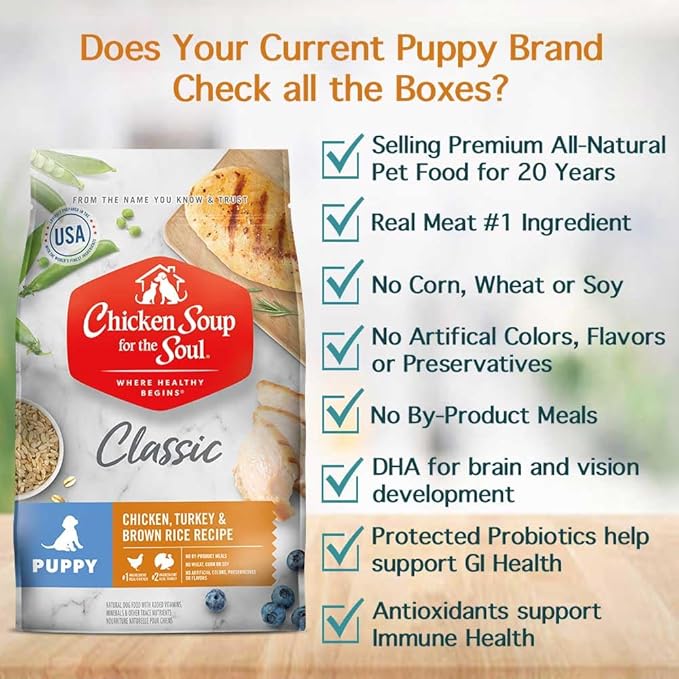 Chicken Soup for The Soul All Natural Premium Dry Puppy Food, Real Meat First Ingredient, No by-Products, Supports Brain Development & Strong Bones & Teeth, Chicken, Turkey & Brown Rice, 28lb