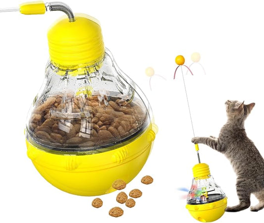 Cat Interactive Toy, Slow Food Dispenser Feeder, Tumbler Design with Teaser Wand & Glowing Ball, Funny Kitten Treats for Indoor Cats Exercise and Boredom Relief (Yellow)