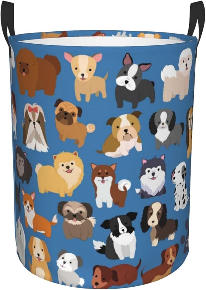 Cute Dogs Blue Round Laundry Hamper Storage Basket Toys Clothes Organizer Bin For Home Bathroom Bedroom Dorm Nursery, 62l
