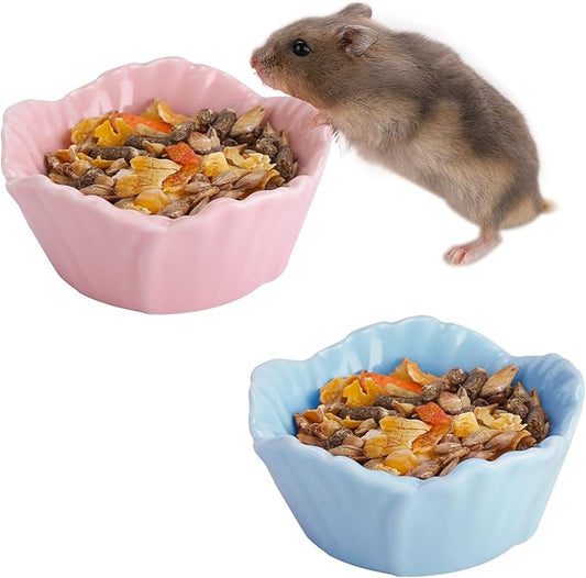 VanEnjoy 2 Pack Ceramic Guinea Pig Food Bowl Cute Flower Hamster Cage Accessories for Chinchilla Hedgehog Pink and Blue Small Animal Water Dish