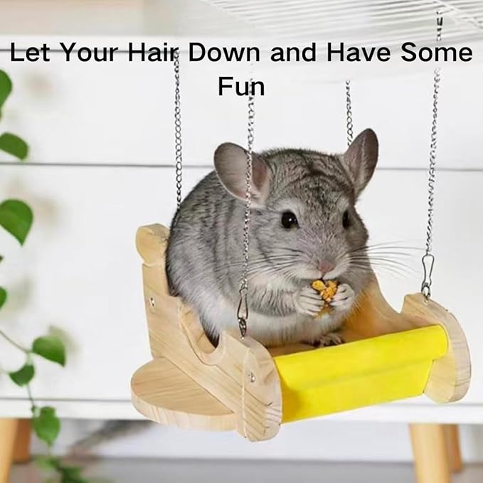 Small Animal Wood Hideout, Wooden Swing Hammock for Chinchilla, Cute Airplane-Shaped, Hanging Cage Accessory with Felt Fence, Small Pet Play Bed for Squirrel Rat, Interactive Enrichment Toy