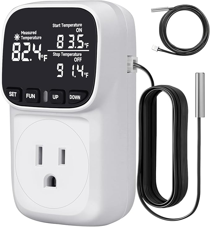 Temperature Controlled Outlet with 16.4ft & 6.5ft 2 Probes, Reptile Thermostat 15A 1800W Digital Thermostat, Heating Cooling Timer with Cyclic Timing/Countdown, -40℉~210℉ for Reptile Incubator