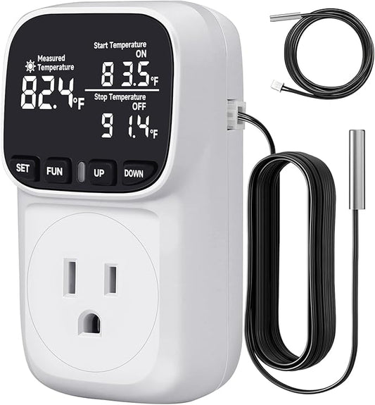 Temperature Controlled Outlet with 16.4ft & 6.5ft 2 Probes, Reptile Thermostat 15A 1800W Digital Thermostat, Heating Cooling Timer with Cyclic Timing/Countdown, -40℉~210℉ for Reptile Incubator