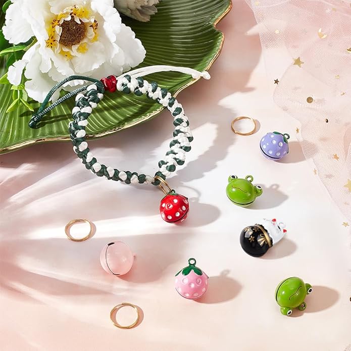 CHGCRAFT 14Pcs 7 Styles Pet Collar Bells Brass Cherry Panda Frog Strawberry Charm Cat Collar Bell Pet Pendant Accessories with Stainless Steel Double Loops Jump Rings for Potty Training