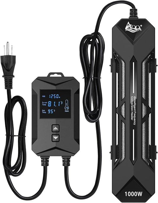 AQQA Aquarium Heater 800W/1000W/1200W/1400W Fish Tank Heater with LED Digital Display 110-120V Submersible No Pond Heaters with Overheat & Dry-Out Protection for Freshwater & Saltwater Tanks (1000W)