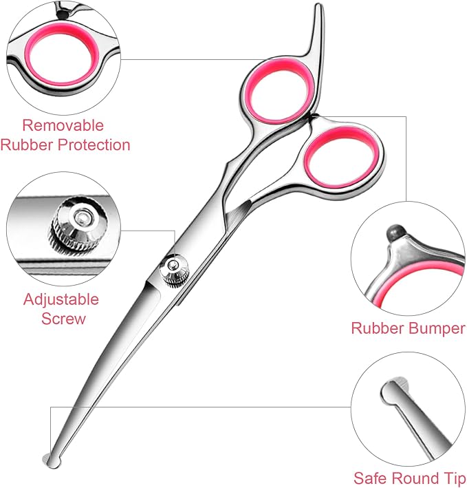 Dog Grooming Scissors Kit, Premium Stainless Steel Dog Shears with Curved Shears, Sharp Durable for Dogs Cats+Pink 3 Piece