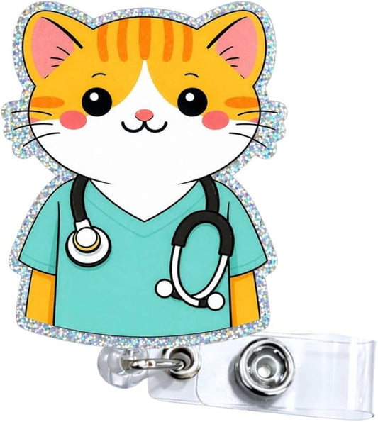Cat Nurse Badge Reel Retractable ID Holder Cute Kitty Kitten Name Badge Clip for Men Women Teachers Nurse Nursing Vet Tech Veterinary Technician Medical Office Uniform Decorative Accessories Gifts
