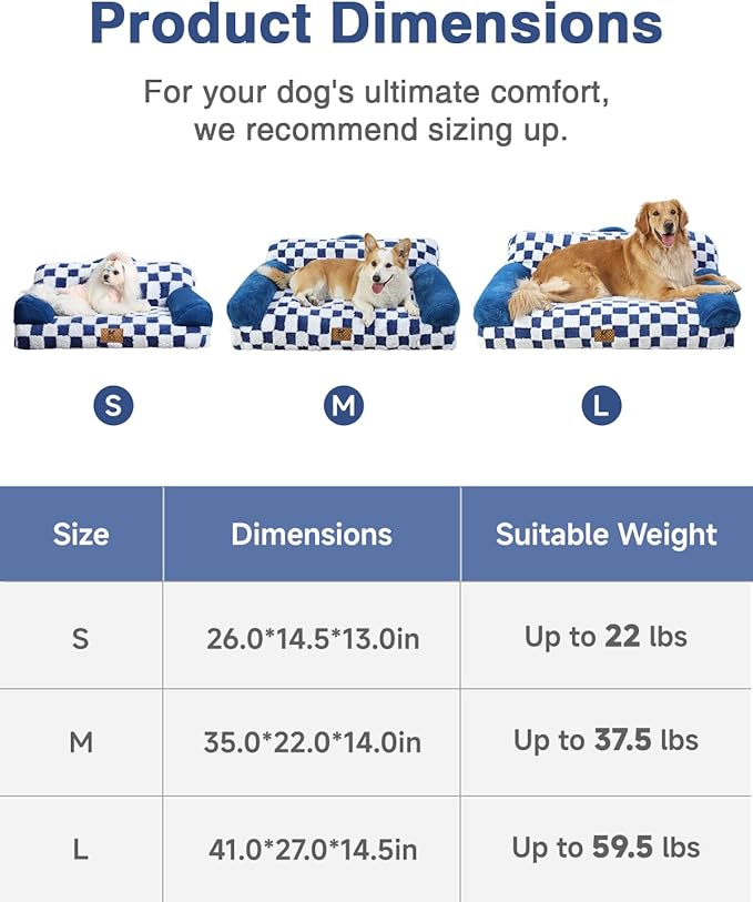 KSIIA Dog Bed Large Dog Beds with Supportive Armrests Waterproof Pet Couch Comfort Pet Sofa with Removable Machine Washable Cover & Anti-Slip Bottom, 41 x 27 in, Blue