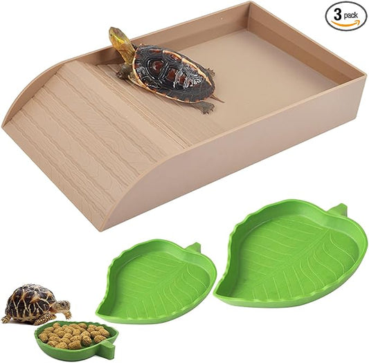 3pcs Tortoise Food Dish with Ramp and Basking Platform Leaf Tortoise Water Food Bowls Reptile Water Dish Turtle Reptile Pool for Amphibians Brown