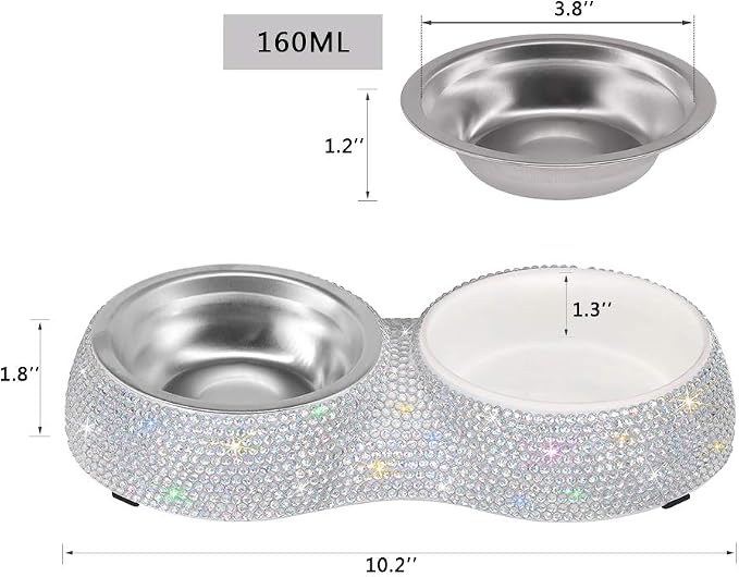 SAVORI Small Dog Bowls, Handmade Bling Rhinestones Stainless Steel Pet Bowls Double Food Water Feeder for Puppy Cats Dogs Cats (AB Color-320ml)