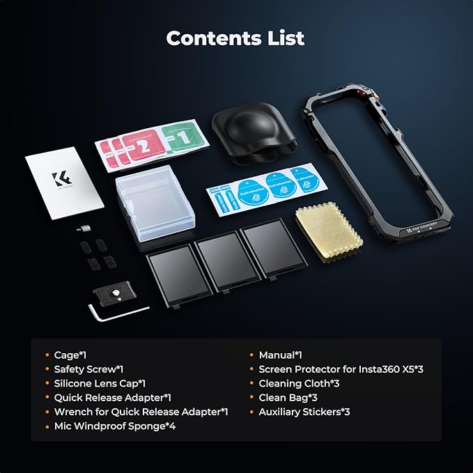 K&F Concept Camera Cage Compatible with Insta360 X5, Aluminum Alloy Protective Frame Case with Silicone Lens Cover + Screen Protector |1/4" Screw Hole | 2 Cold Shoe Mounts for Microphone, LED Light