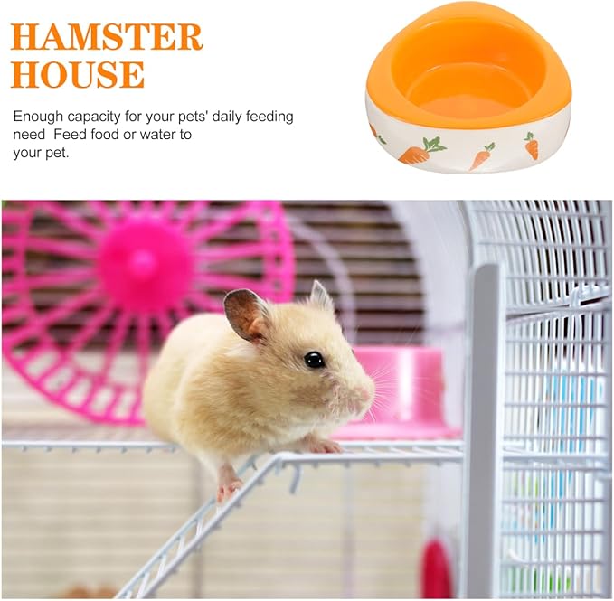 POPETPOP Ceramic Hamster Food Bowl 4.33In Non-Tip Small Animal Feeding Dish for Hamsters Rats Guinea Pigs and Chinchillas with Carrot Design for Daily Feeding and Water