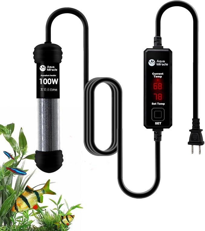 AquaMiracle 100W Small Aquarium Heater Fish Heater, Super Mini Fish Tank Heater Turtle Tank Heater for 10-20 Gal Tanks, with Dual LED Display, Dry-Run/Overheating Protection & Memory Function