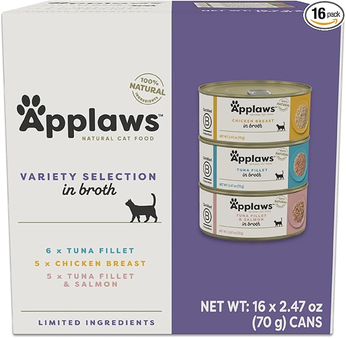 Applaws Natural Wet Canned Cat Food, Limited and Natural Ingredients, High Protein with No Artificial Additives, Variety Pack in Broth (16 x 2.47oz Cans)