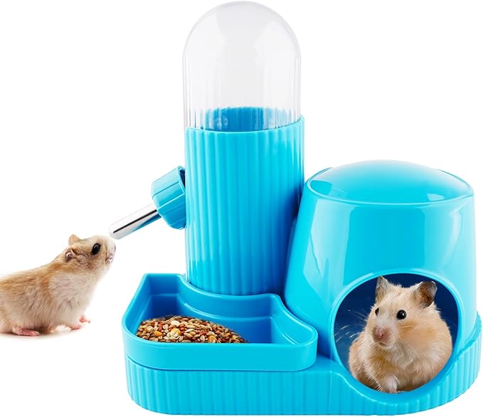 3 in 1 Multifunctional Hamster Water Bottle No Drip Gerbil 100ML Water Bottle Dispenser with Food Bowl Small Animal Auto Dispenser with Hideout Base Hamster Cage Accessories (Blue)