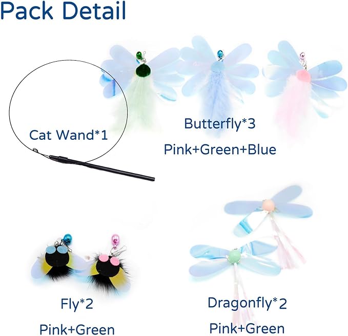 Shiny Insect Replacements for Cat Wand Toy, 7 PCS Kitten Teaser Refills with Bells for Cat Fishing Pole Toy, Bugs Refills for Interactive Play, Chase and Exercise, (Insects + Teaser)