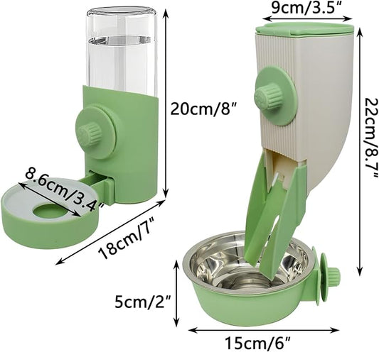 Hanging Automatic Food and Water Dispenser for Rabbit, Guinea Pig, Ferret, Bunny Cage Accessories, Feeder Bottle Combo (Green)