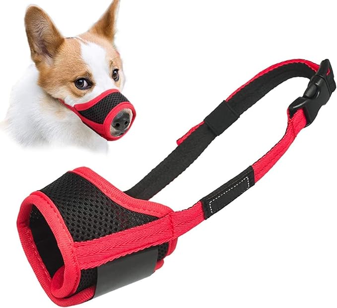 LUCKYPAW Dog Muzzle Anti Biting Barking and Chewing with Comfortable Mesh Soft Fabric and Adjustable Strap, Suitable for Small, Medium and Large Dogs(Red Trim,L)