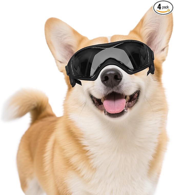 Dog Goggles Dog Sunglasses for Medium Breed UV Protection Windproof with Adjustable Head Straps Chin Straps for Ride Car/Hiking Travel/On Beach-Black