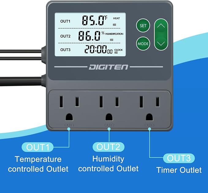 DIGITEN Temperature and Humidity Controller with Timer,3 Outlet Dual Probes | 3-Stage Outlet Control Temp,Humidity & Timer Separately,Digital Thermostat Outlet for Reptile,Aquariums,Mushroom,Greenhouse