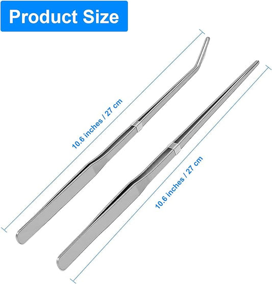 2 Pcs Reptile Feeding Tongs, 10.6IN Straight & Curved Extra Long Tweezers, Premium Stainless Steel Feeding Tools for Bearded Dragon, Lizards, Snakes, Aquarium & Terrarium