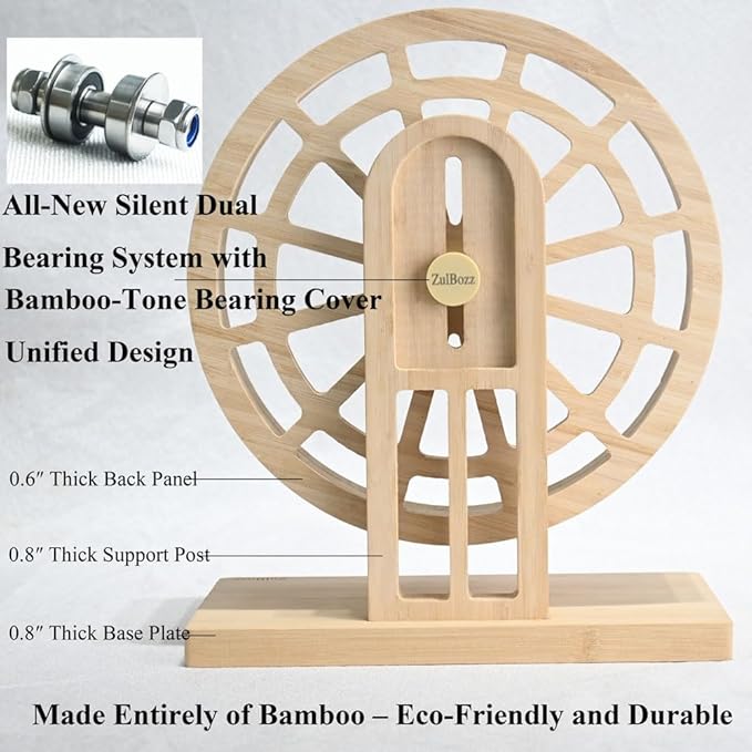 9" Silent Hamster Wheel, Carbonized Bamboo Running Wheel with Adjustable Height Stand for Syrian, Dwarf Hamsters, Gerbils & Mice