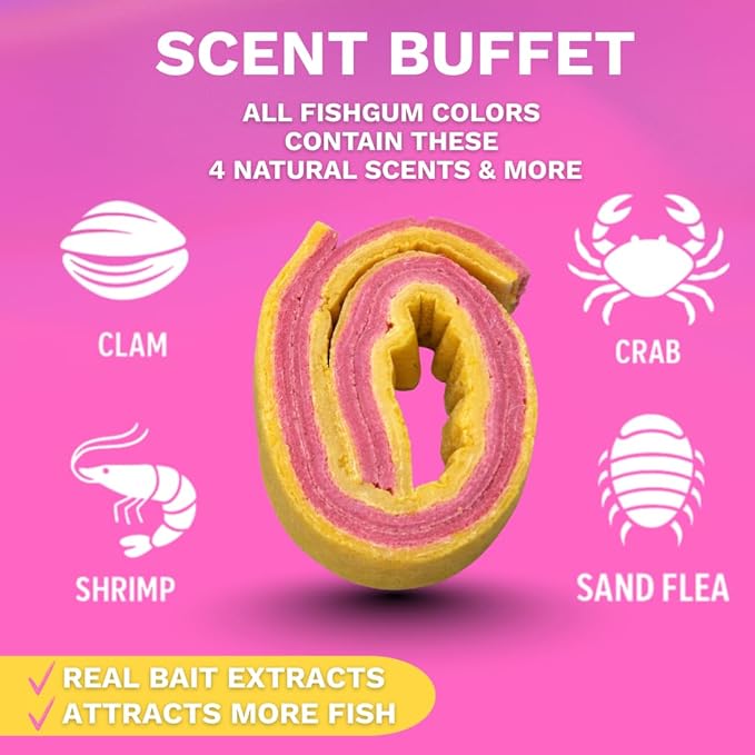 FishGum Surf Fishing Bait Strips for Saltwater Beach Fishing – Real Shrimp, Crab, Clam & Sand Flea Infused Scent – Artificial Cut Bait for Pompano, Redfish & Flounder