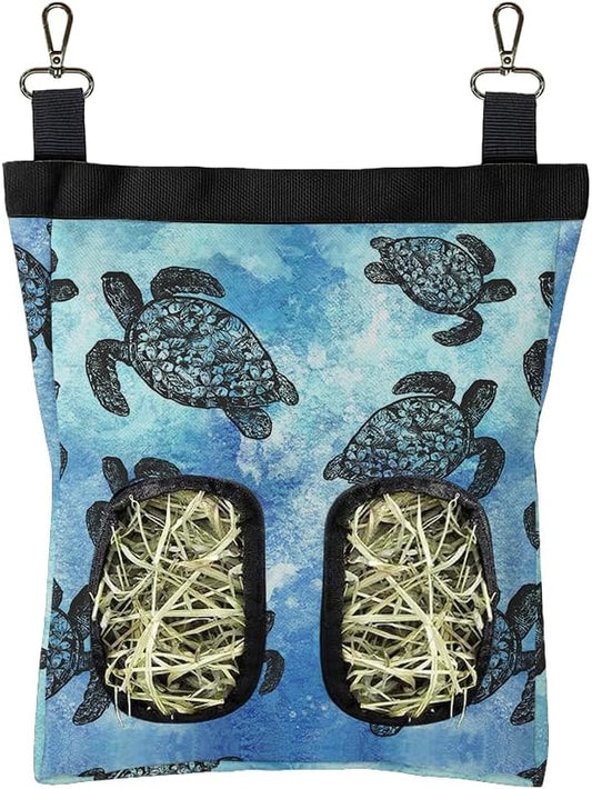 WIRESTER Oxford Hanging Guinea Pig Hay Feeder 11x9 Inch, Rabbit Hay Feeding Storage Bag for Bunny Chinchilla Hamster with Back Hooks, 2 Holes - Ocean Sea Turtles
