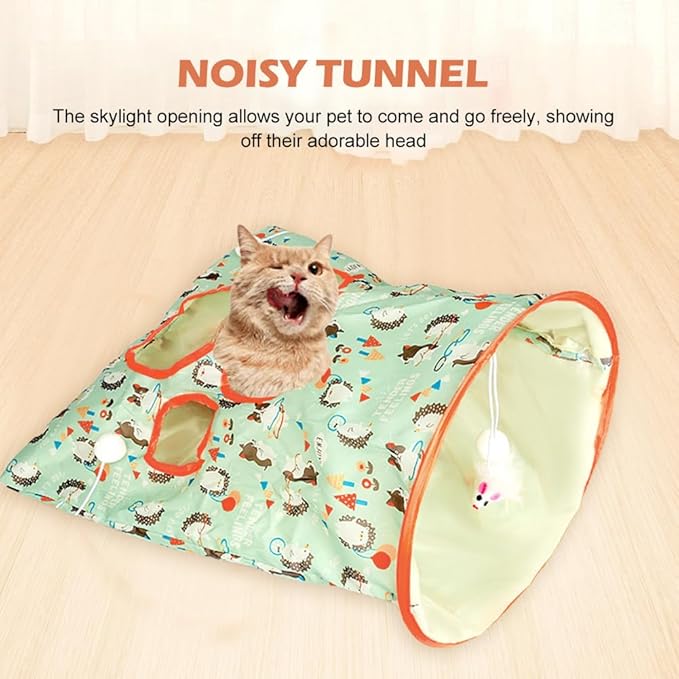 Cat Tunnel Toy, Cat Tunnel Bags with 1 Little Mouse & 3 Ball Crinkle Sack Bag for Cats, Portable Training Cave Collapsible Interactive Drill Bag Toy, Pet Self Interactive Toys