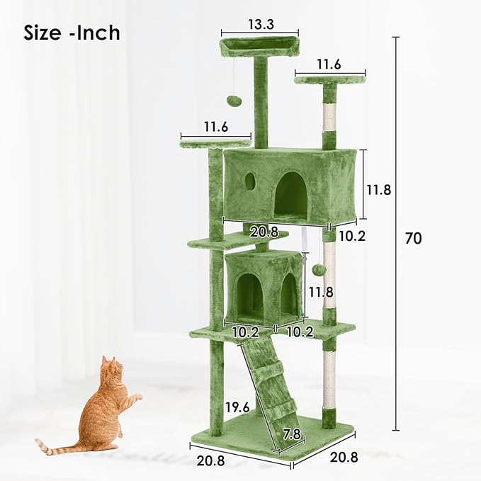PayLessHere Cat Tree 70in Cat Tower with Cat Scratching Post,Multi-Level Cat Condo Stand House Furniture Kitty Activity Center with Furry Ball Toys Cat Tree for Indoor Cats,Green