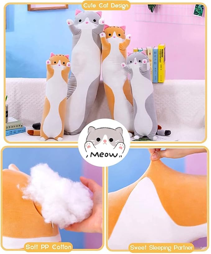 Oeonuas Cute Cat Plush Long Body Pillow Cuddle Cartoon Stuffed Animals Cat Plushie Soft Doll Pillows Gifts for Kids Girls (Orange, 51")