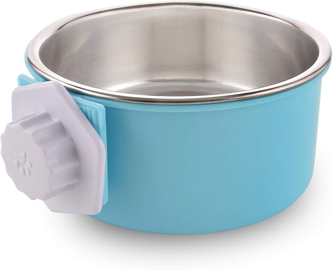 Crate Dog Bowl, Water Food Bowls for Dog Kennel Cage, Removable Stainless Steel Hanging Pet Bowl for Dogs, Cats, Puppies (Small, Grass Blue)