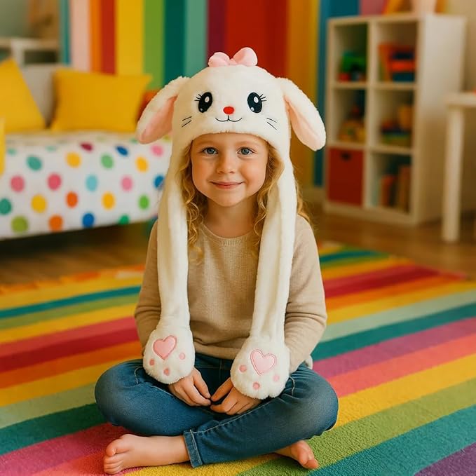 Bubblepompom Animal Hat with Ears Moving Jumping Pop Up Beating Hat Plush Holiday Cosplay Dress Up Funny Gift for Kids
