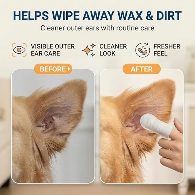 Dog Ear Wipes - 150 Count Finger Ear Cleaner for Cats, Alcohol Free Plant Based Ear Cleaning, Remove Wax Dirt Odor