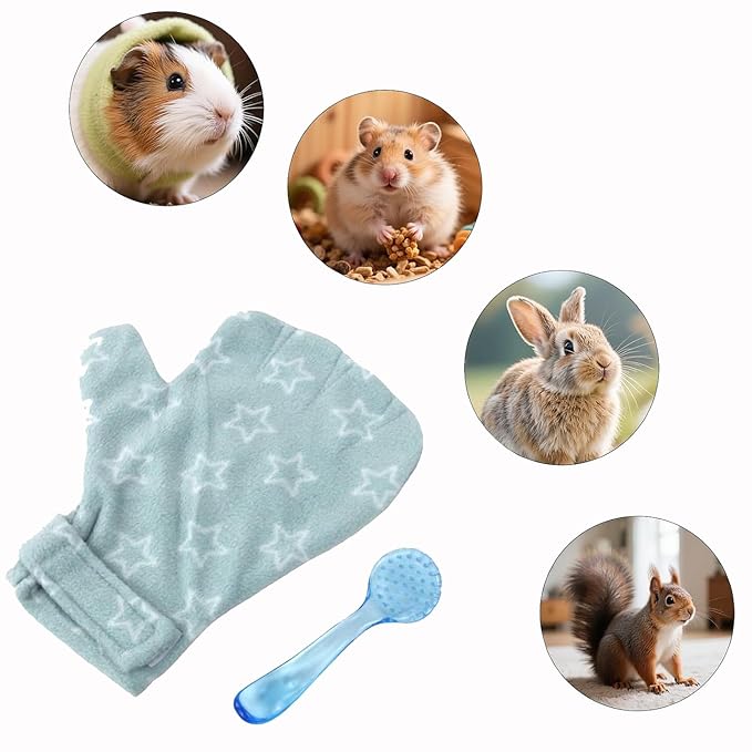 1Pcs Bite-resistant Gloves Adjustable Hamster Bite Proof Glove and Grooming Brush Set Soft Cleansing Brush Massage Combs, Guinea Pig Brush, Hamster Care Set for Hamsters, Ferrets, Hedgehog (Sky blue)