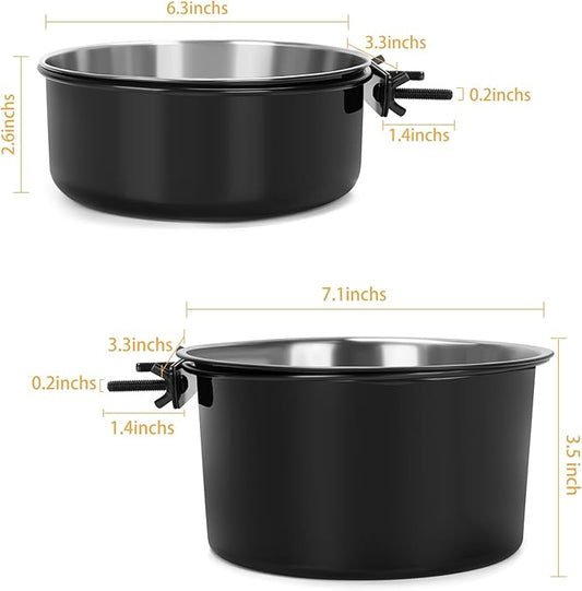 2 Pcs Black Large Pet Dog Food Water Bowl for Cage Stainless Steel Non-Spill Kennel Hanging Cats Bowls with Clamp Holder Crate Feeder Dish for Medium Large Dogs Huge Pets (7.1x3.5'' & 6.3x2.6'')