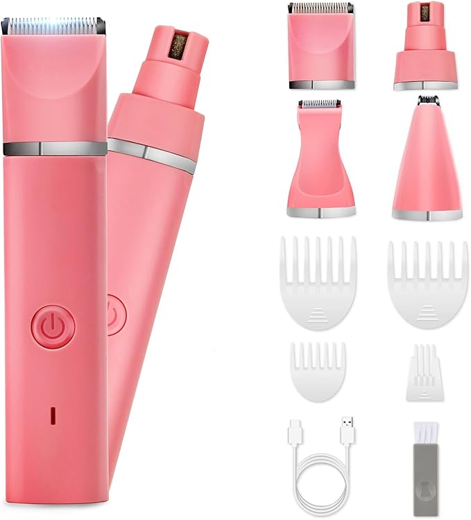 Veeconn Dog Grooming Clippers Kit-Electric Rechargeable Cat Trimmer Tools-Cordless Quiet Pet Nail Paw Grinder-4 in 1 Multifunctional Low Noise Shaver-Razor for feet Face Ears Toenail Eye (Pink)