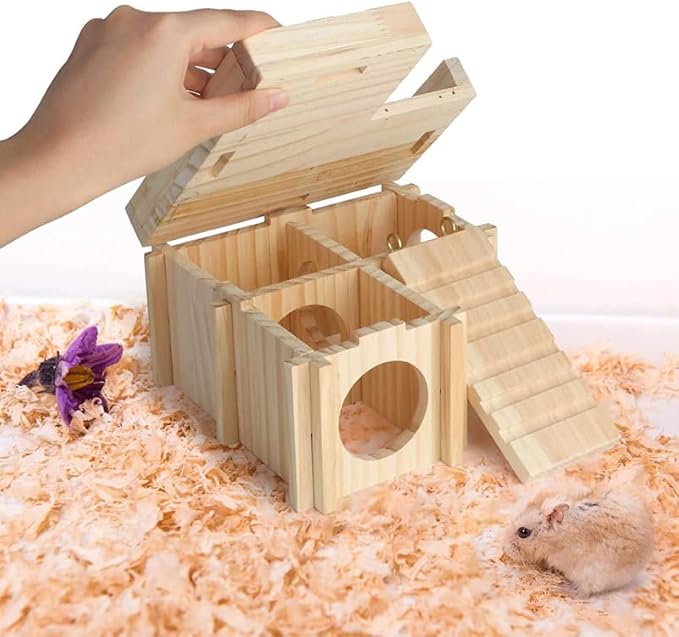Wooden Hamster Hiding Place with Hamster Bowl Ladder and Detachable Platform, Suitable for Small Pets, Perfect for Hamsters, Rats, sandmice, mice and Other Small Animals