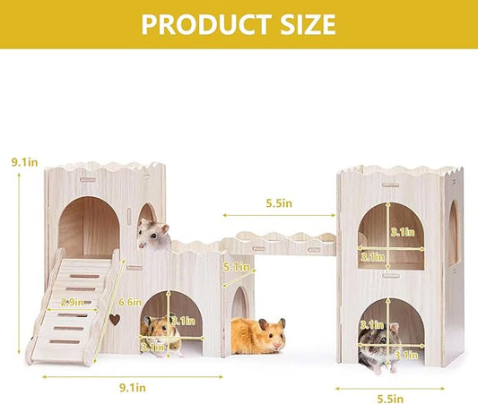 Large Wooden Hamster House Castle with Double Decker,Large Hamster, Wooden Hamster Houses,Dwarf Hamster Habitat Hideout with Climbing Ladder,Large Guinea Pig Castle Detachable Hideouts(B)