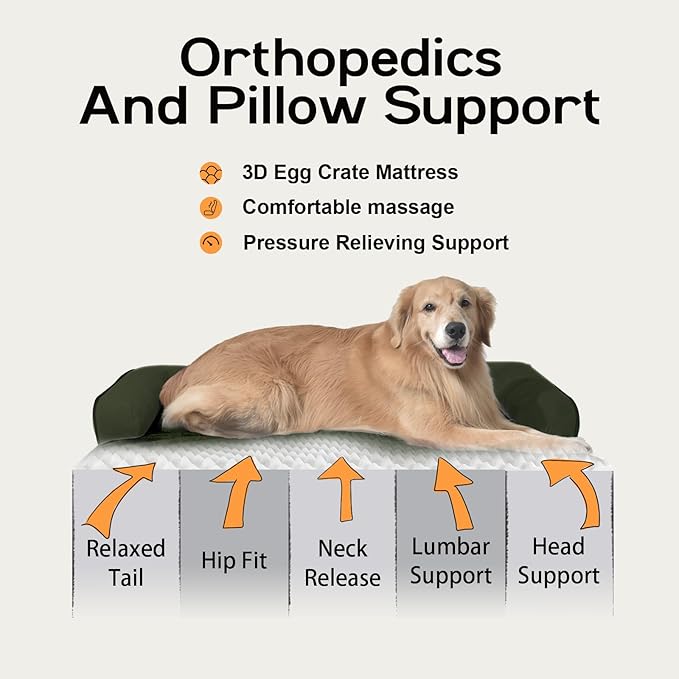 Large Dog Bed Orthopedic Washable - Beds Bolster Pet - XL Large Big Dogs - Memory Foam - Couch Sofa Bed- Waterproof with Removable Cover - Outpost Olive Dog Bed