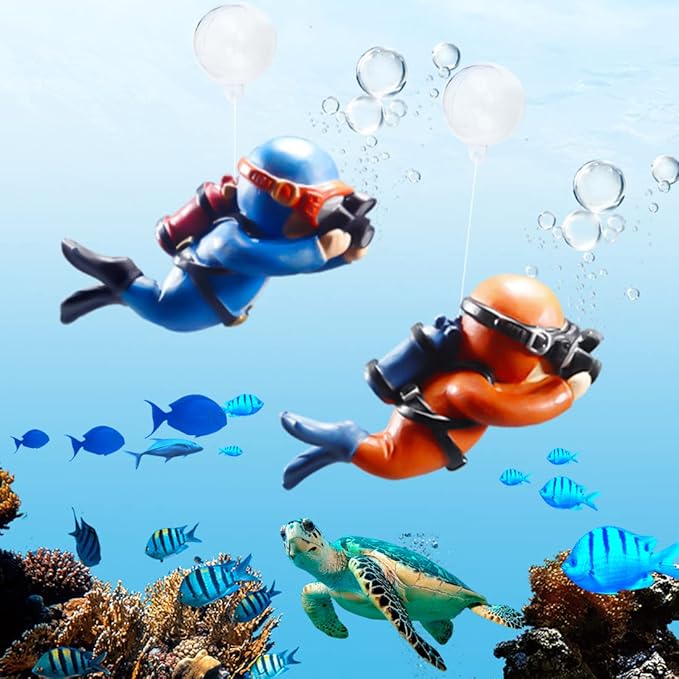 Gift Wrapped 2 Pack Fish Tank Decorations, Cute Diver Aquarium Ornaments Decor Toy with Funny Floating Device Aquarium Accessories for All Kinds of Fish and Aquatic Pets (2Pcs Blue G)