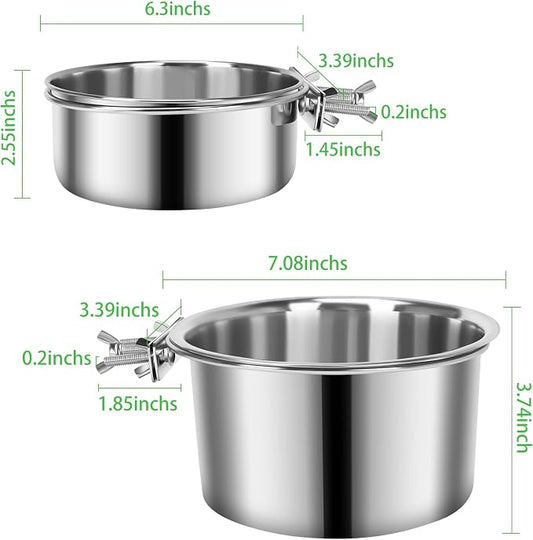 2 Pcs Large Dog Food Water Bowl for Cage with Upgraded Clamp Holder, Pet Kennel Hanging Bowls Stainless Steel Non-Spill Detectable Bowls Crate Feeder Dish for Large Dogs (7x3.7''& 6.3x2.5'')