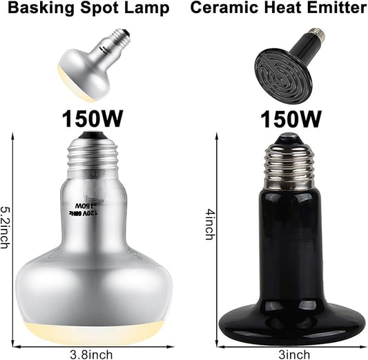 DXOPHIEX Dual Reptile Light Fixture,Reptile Heat Lamp Fixture with 150W Intense Basking Bulb&Ceramic Heat Emitter,Double Dome Heat Lamp for Lizard,Gecko,Bearded Dragon,Tortoise,Snake,Chameleon