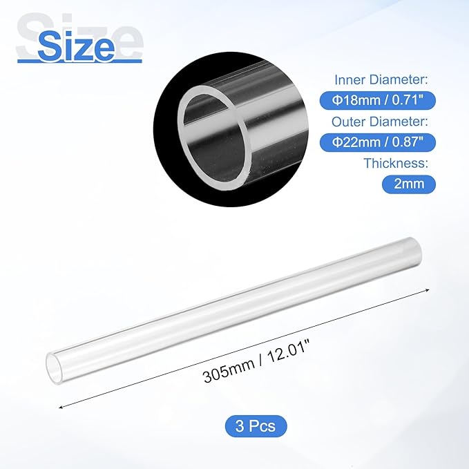 uxcell 3Pcs Clear Rigid Acrylic Pipe, 18mm(0.71") ID x 22mm(0.87") OD 12" Round Polycarbonate Tube Plastic Tubing for Plumbing, Lighting, Aquarium, DIY Projects