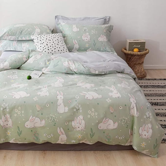 BlueBlue Rabbit Kids Duvet Cover Set, 100% Cotton Bedding for Boys Girls Teens Single Bed, Cartoon White Rabbit Flower Pattern Print on Light Green, 1 Comforter Cover 2 Pillowcase (Twin, Cute Rabbit)