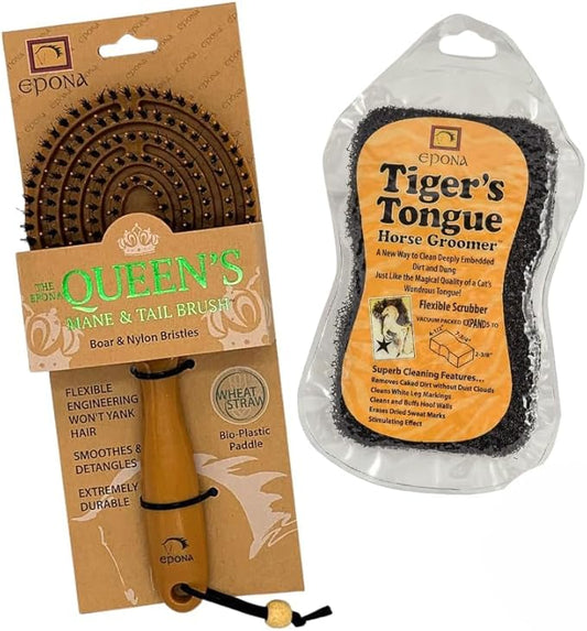 Epona Tigers Tongue Horse Groomer & The Queens Brush Set - Grooming Scrubber Sponge & Hair Brush for Removing Dirt & Dander on Horse's Mane & Tail - for Equestrians and Horse Owners, with E-Book