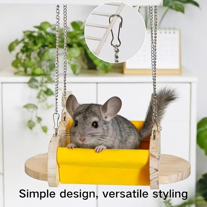 Small Animal Wood Hideout, Wooden Swing Hammock for Chinchilla, Cute Airplane-Shaped, Hanging Cage Accessory with Felt Fence, Small Pet Play Bed for Squirrel Rat, Interactive Enrichment Toy