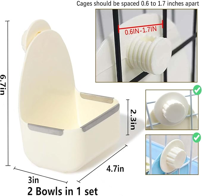 kathson Food and Water Bowl Cage Feeder for Rabbits Dish Feeder Removable Hanging Spill Proof Anti Bite for Rabbit, Guinea Pig, Chinchilla, Hamster, Ferret (Beige)