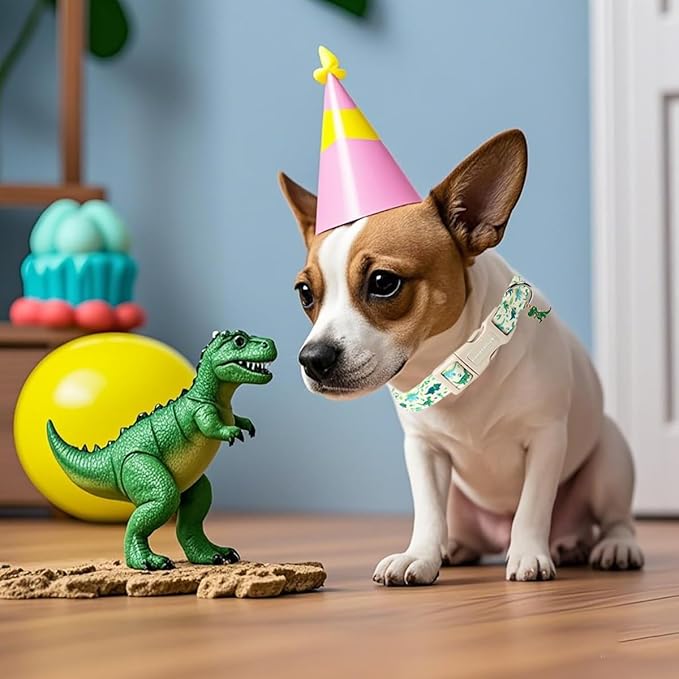 Lionet Paws Green and Blue Dinosaur Dog Collar- Cute Stegosaurus and Raptor Beige Dog Collars with Plastic Buckle, Light Adjustable Dog Collars for Small Medium Dogs