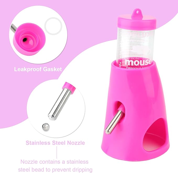 Hypeety Hamster Water Bottle with Base Hamster Automatic Water Dispenser Cage Accessories for Dwarf Hamster Mouse Rat Hedgehog Guinea Pig 80ML (Pink, 80ml)